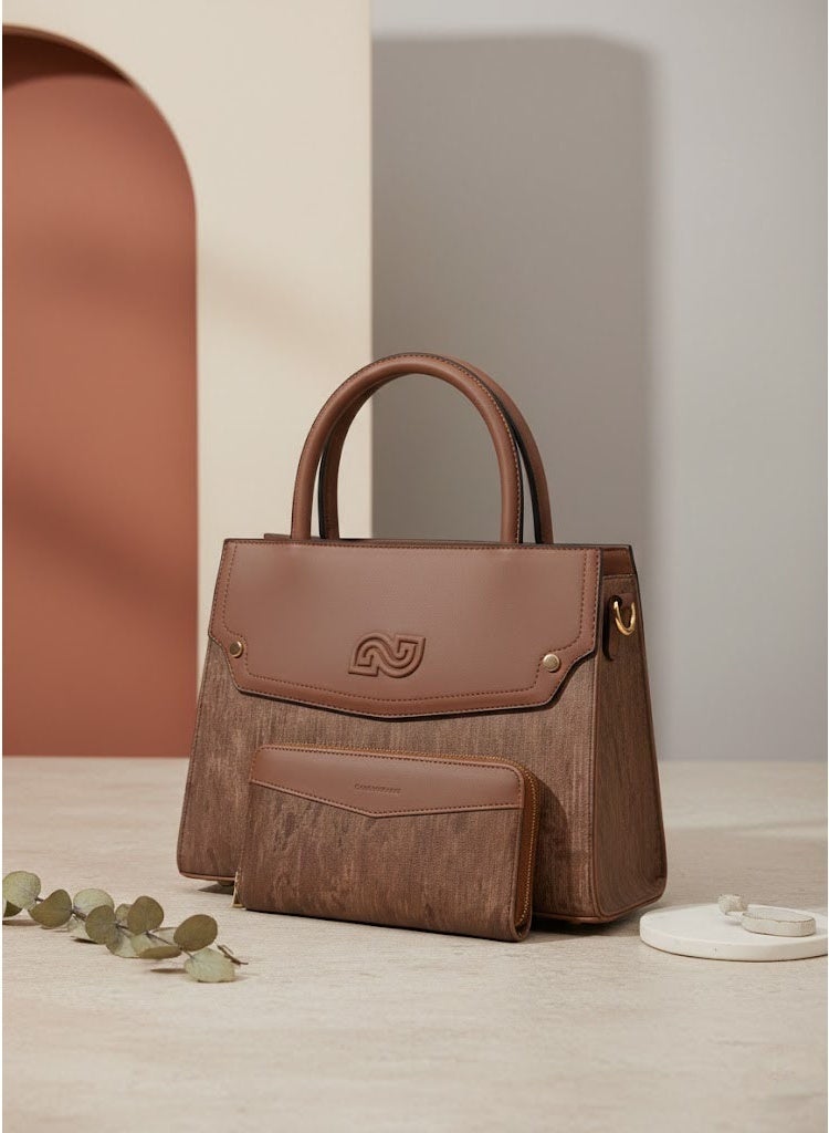 FUMES Brown Women’s Satchel Handbag with Matching Small Wallet – Structured Design, Solid Textured Finish, Elegant Office & Daily Carry Bag - Image 3